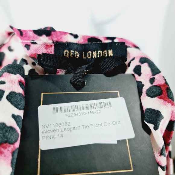 NEW Qed Black Pink Leopard Print Long Sleeve Cropped Top UK 14 Tie Front - Picture 4 of 5